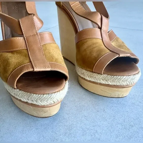Hermes Tan Suede and Leather Wooden Wedge Ibiza Sandals size 38 - Picture 4 of 15